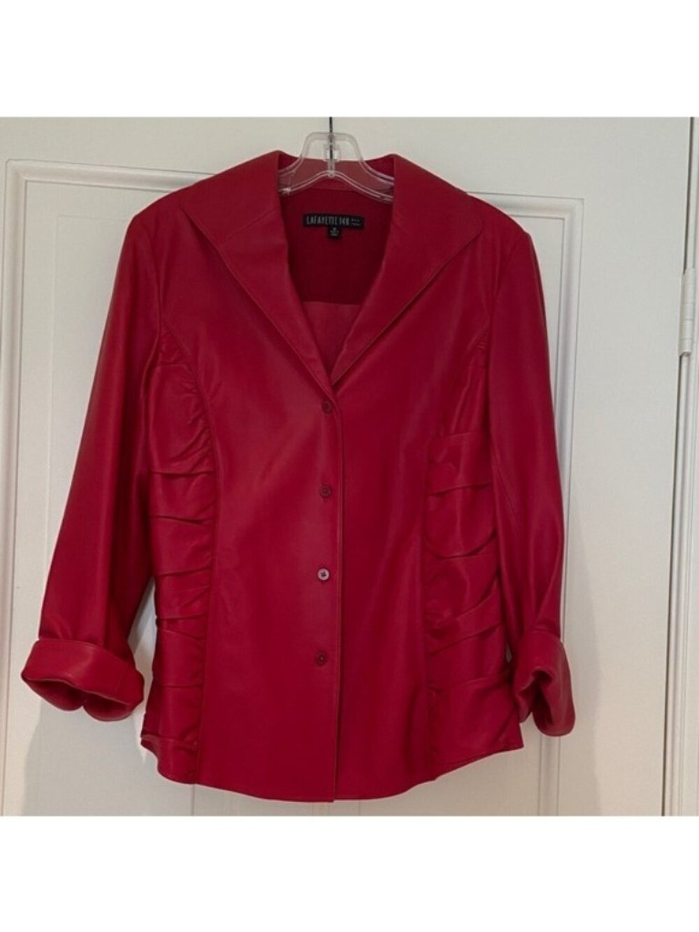 Lafayette 148 Lambskin Leather Jacket Size 10 Cranberry Red Lightweight